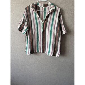 Free People Striped Waffle Knit Henley Polo Shirt Multi Color Short Sleeve Large